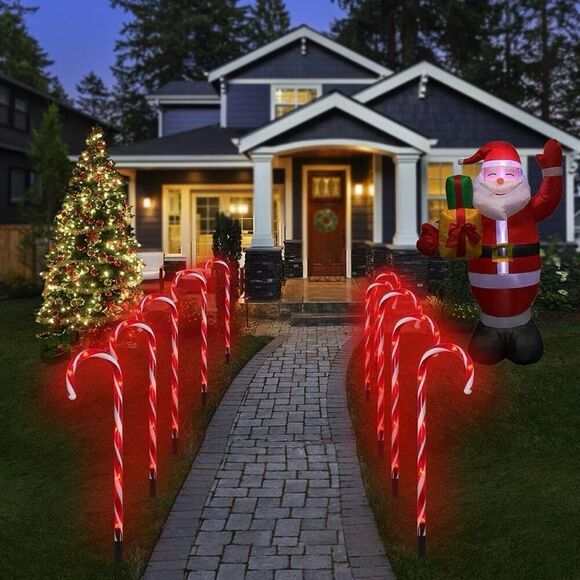 Candy Cane Outdoor Lights 10 Pack Red LEDs Lighted Christmas Path Lights String - Picture 5 of 6